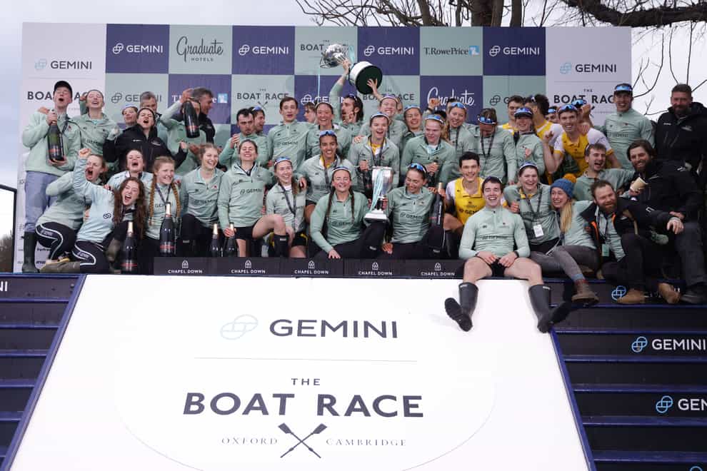 The Cambridge men’s and women’s crews celebrate Boat Race victory (Steven Paston/PA)