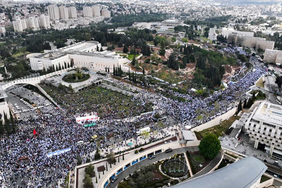 Tens of thousands protest in Jerusalem against prime minister Benjamin Netanyahu’s judicial overhaul plan (AP)