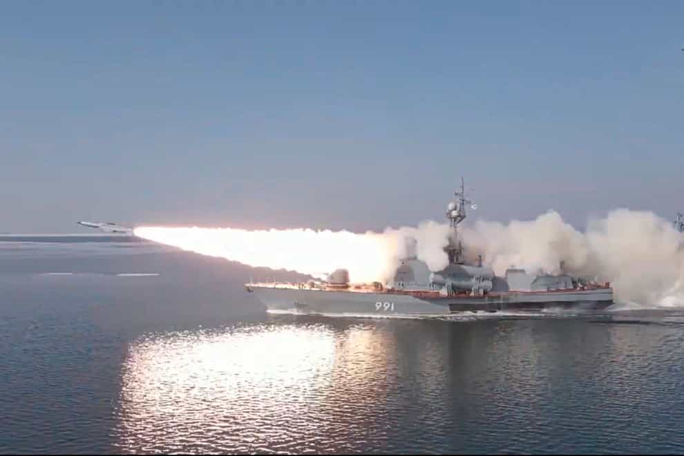 A Russian navy ship launches a missile test in the Peter the Great Gulf in the Sea of Japan (Russian Defence Ministry Press Service via AP)