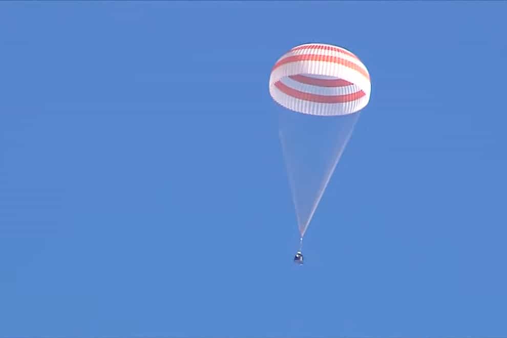 The uncrewed Soyuz MS-22 spacecraft landed in a remote area near the town of Zhezkazgan, Kazakhstan (Roscosmos State Space Corporation via AP)