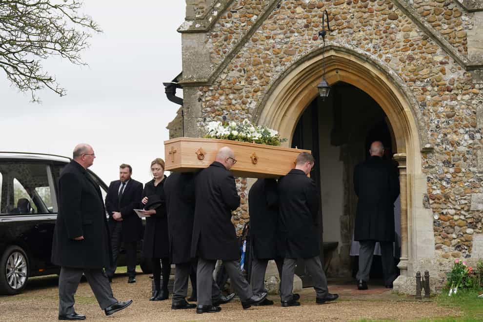 The coffin of former Speaker of the House of Commons Betty Boothroyd is carried into St George’s Church in Thriplow, Cambridgeshire (Joe Giddens/PA)