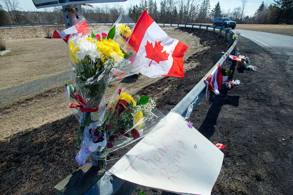 A memorial pays tribute to Royal Canadian Mounted Police Constable Heidi Stevenson who was killed by Gabriel Wortman (Andrew Vaughan/The Canadian Press via AP, File)
