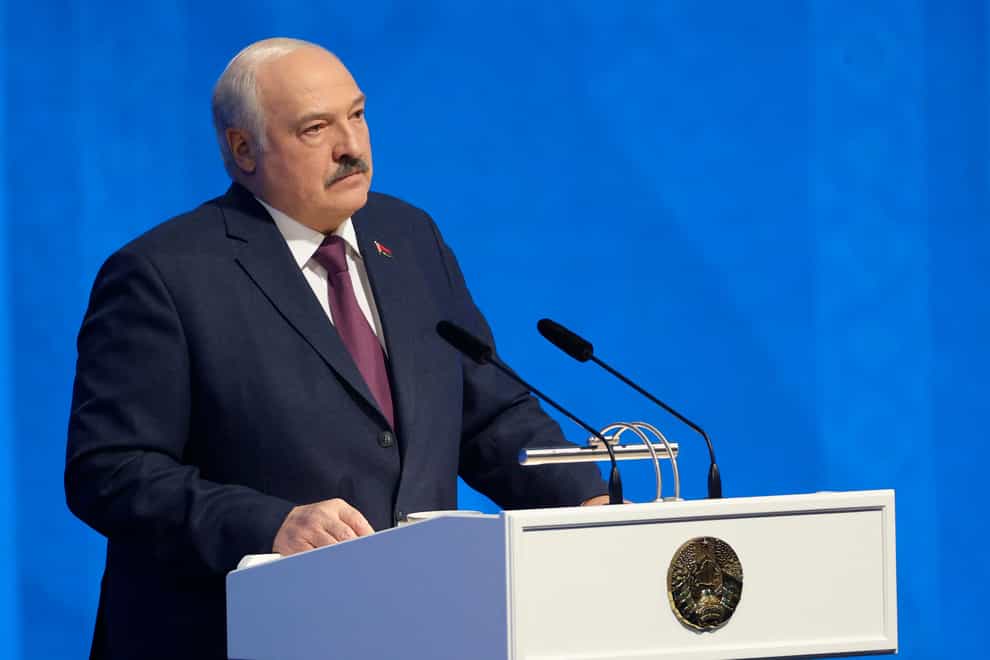 Belarusian President Alexander Lukashenko delivers a state-of-the nation address in Minsk on Friday March 31 2023 (Belarusian Presidential Press Service/AP)