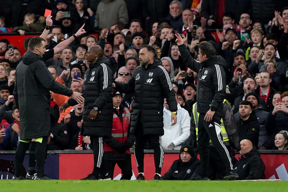 Marco Silva (right) was sent off as Fulham collapsed at Old Trafford (Martin Rickett/PA)