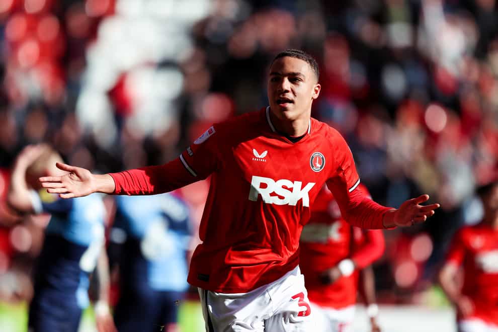 Charlton Athletic’s Miles Leaburn celebrates scoring their side’s first goal of the game during the Sky Bet League One match at The Valley, London. Picture date: Saturday March 25, 2023.