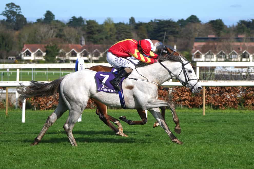 White Birch ridden by jockey Shane Foley (front) wins the P.W.Mcgrath Memorial Ballysax Stakes with Up and Under ridden by jockey Mikey Sheehy second during the Ballylinch Stud Classic Trials Day at Leopardstown Racecourse (Niall Carson/PA)