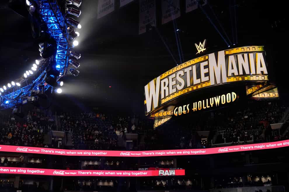 A WrestleMania sign hangs over the crowd during the WWE Monday Night RAW event on March 6 in Boston (Charles Krupa/AP)