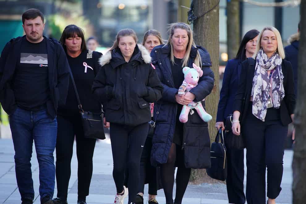 Cheryl Korbel, (centre right) mother of nine-year-old Olivia Pratt-Korbel, arrives at Manchester Crown Court, as Thomas Cashman, 34, of Grenadier Drive, Liverpool, is sentenced for the murder of her daughter (Peter Byrne/PA)