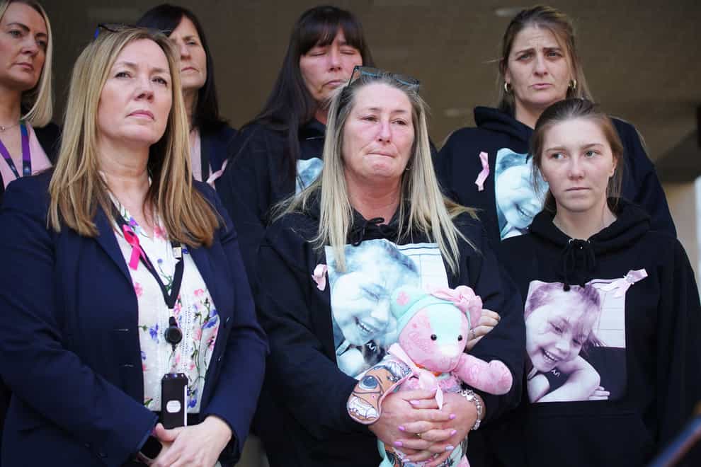 Cheryl Korbel, (centre) mother of nine-year-old Olivia Pratt-Korbel outside Manchester Crown Court after Thomas Cashman, 34, of Grenadier Drive, Liverpool, was sentenced to a minimum term of 42 years, for the murder of nine-year-old Olivia Pratt-Korbel (Peter Byrne/PA)