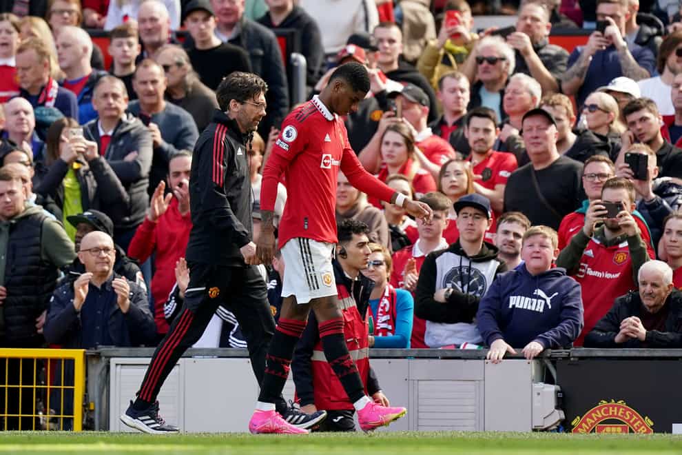 Manchester United’s Marcus Rashford limped out of his side’s 2-0 Premier League win over Everton (Mike Egerton/PA)