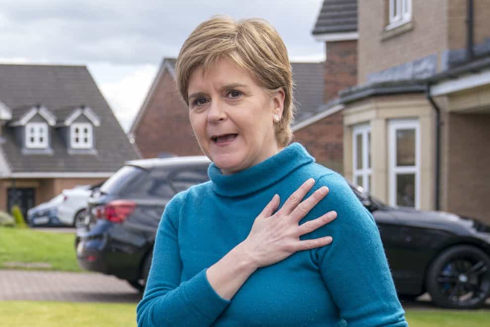 Former leader of the Scottish National Party Nicola Sturgeon speaking to the media outside her home in Uddingston, Glasgow, after her husband, former chief executive of the SNP Peter Murrell, was “released without charge pending further investigation”, after he was arrested on Wednesday as part of a probe into the party’s finances. Picture date: Saturday April 8, 2023.