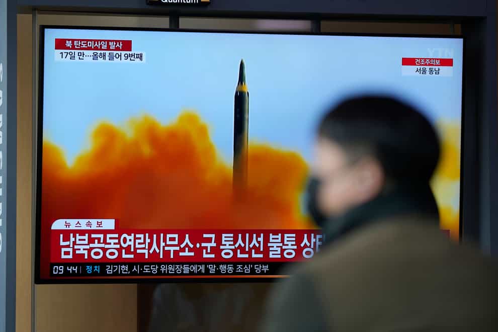 North Korea on Thursday conducted its first intercontinental ballistic missile (ICBM) launch in a month, possibly testing a new type of more mobile, harder-to-detect weapons system. A TV screen is seen reporting North Korea’s missile launch with file footage during a news program at the Seoul Railway Station in Seoul, South Korea, Thursday, April 13, 2023. (Lee Jin-man, AP Photo)
