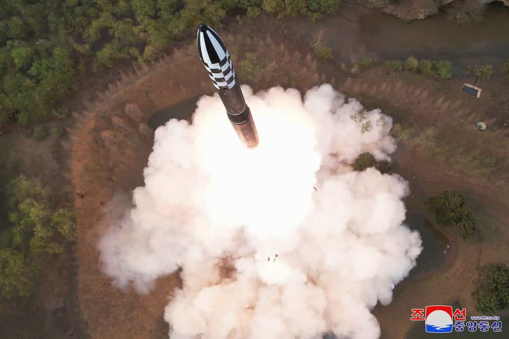 North Korea said they flight-tested a solid-fuel intercontinental ballistic missile (ICBM) for the first time on Thursday. This photo provided April 14, 2023, by the North Korean government, shows what it says is the test-launch of Hwasong-18 intercontinental ballistic missile Thursday, April 13, 2023 at an undisclosed location, North Korea. (Korean Central News Agency/Korea News Service via AP)