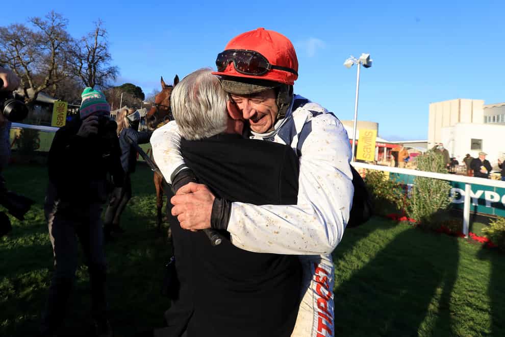 Davy Russell celebrates with owner Ronnie Bartlett after winning the Savills Chase onboard Galvin during day three of the Leopardstown Christmas Festival at Leopardstown Racecourse in Dublin, Ireland. Picture date: Tuesday December 28, 2021.