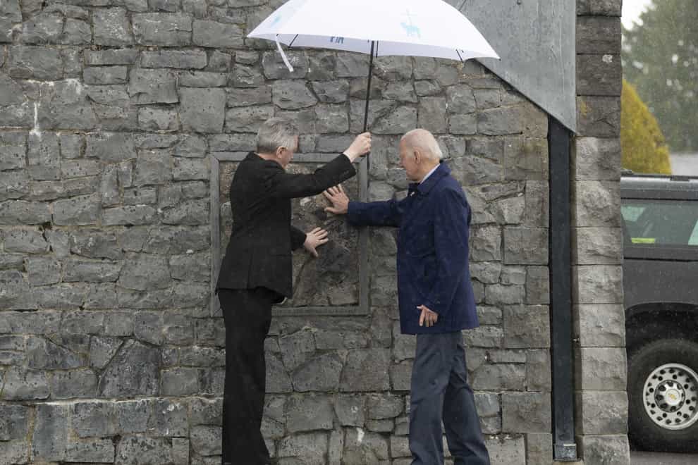 Handout photo issued by Government of Ireland of US President Joe Biden visiting Knock Shrine and Basilica in Mayo with Fr. Richard Gibbons, on the last day of his visit to the island of Ireland. Picture date: Friday April 14, 2023.