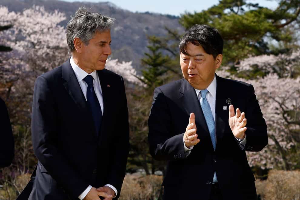 US Secretary of State Antony Blinken talks with Japan’s Foreign Minister Yoshimasa Hayashi during the G7 meeting in Karuizawa (Kim Kyung-Hoon/AP/Pool)