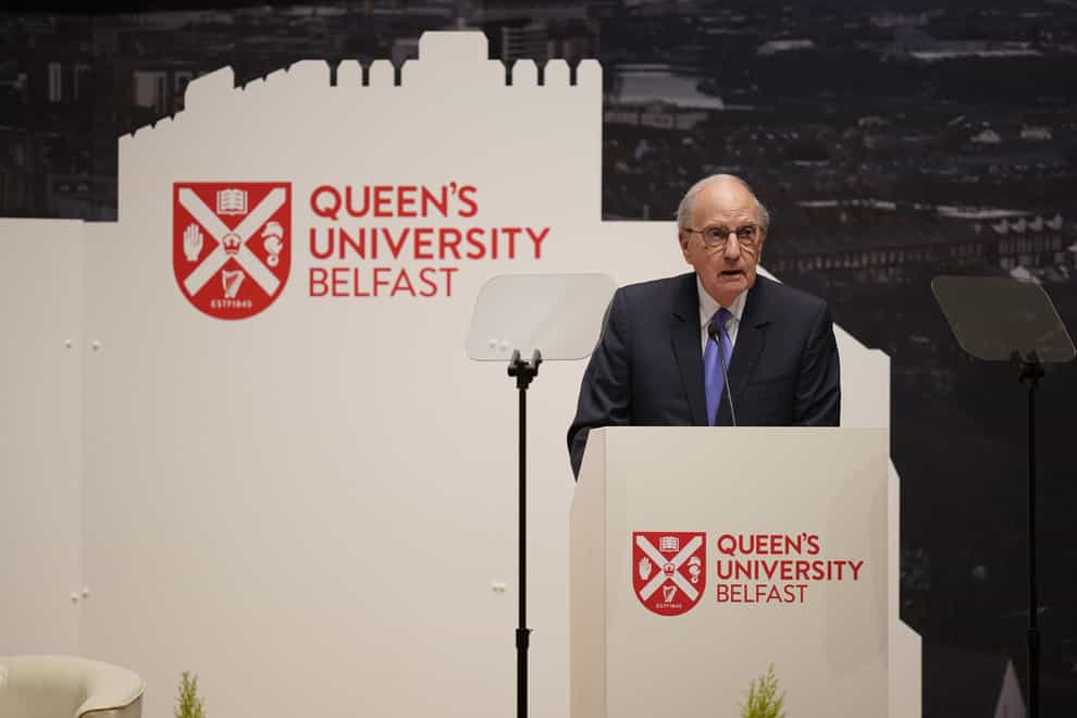 George Mitchell speaking during the three-day international conference at Queen’s University Belfast (Niall Carson/PA)