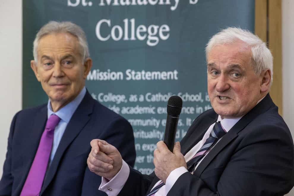 Former prime minister Sir Tony Blair and former taoiseach Bertie Ahern at St Malachy’s School in Belfast (Liam McBurney/PA)
