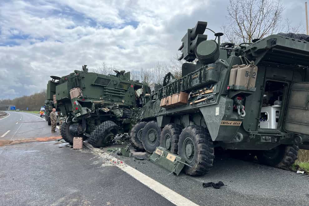 Damaged military vehicles are seen on the side of the A6 highway near Amberg, Germany following an accident on Monday, April 17, 2023 (Haubner/dpa via AP/PA)