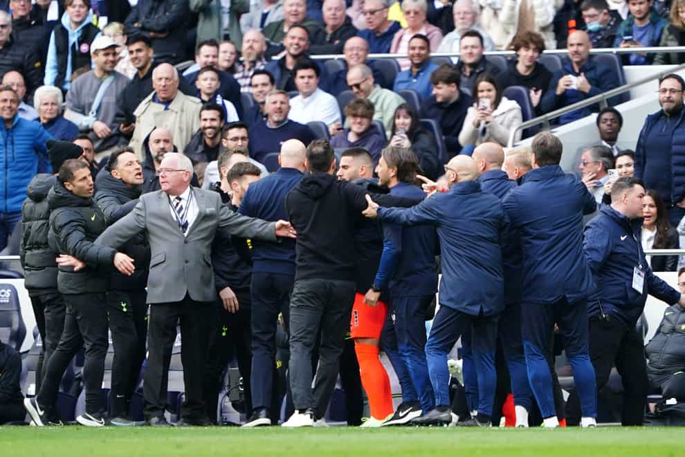 There was a mass confrontation in the second half of Tottenham’s controversial win over Brighton (Zac Goodwin/PA)