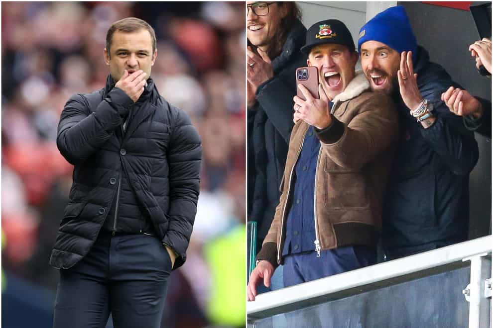 Shaun Maloney, left, and Wigan have relegation fears but Wrexham’s showbiz owners could be celebrating (Steve Welsh/Barrington Coombs/PA)