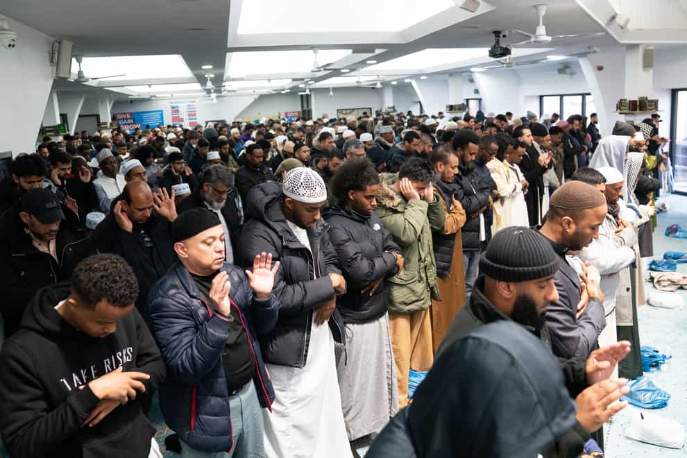 Worshippers gather for prayers at Green Lane Masjid in Birmingham as the holy month of Ramadan comes to an end and Muslims celebrate Eid al-Fitr (Joe Giddens/PA)