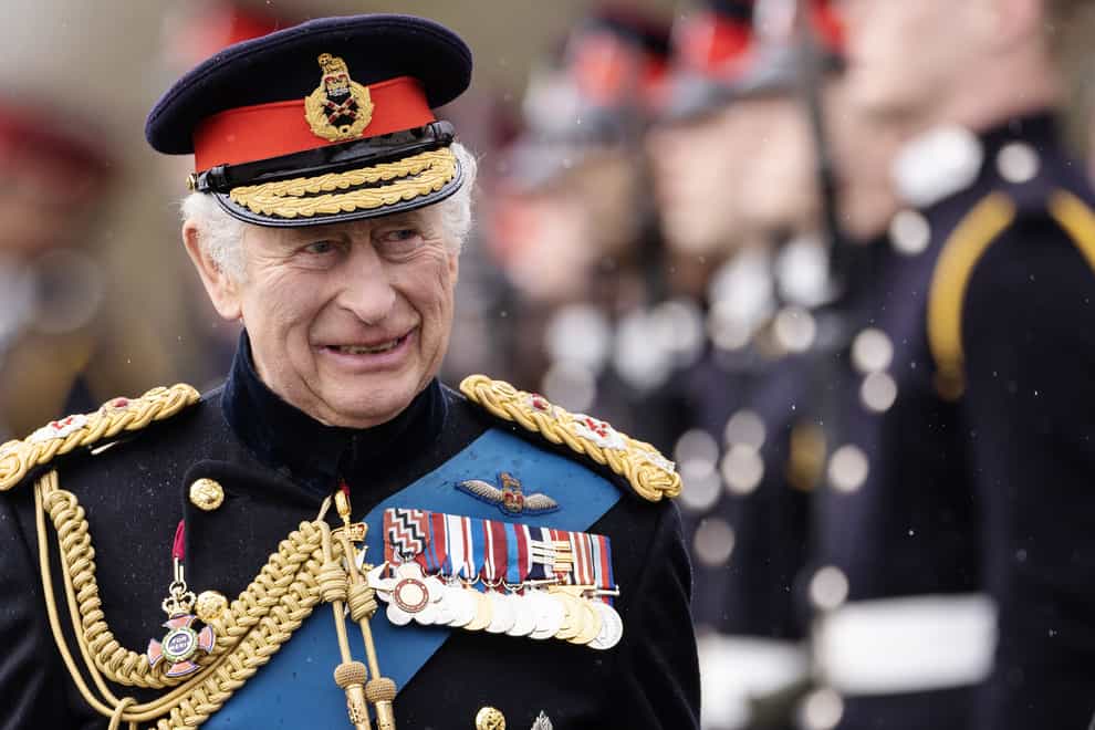 The King inspects Officer Cadets on parade during the 200th Sovereign’s Parade at the Royal Military Academy Sandhurst (RMAS) in Camberley (Dan Kitwood/PA)