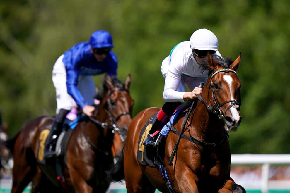 Epictetus ridden by jockey Martin Harley (right) on their way to winning the Weatherbys British EBF Maiden Stakes on Festival Friday of the Moet and Chandon July Festival at Newmarket racecourse, Suffolk. Picture date: Friday July 8, 2022. (Tim Goode/PA)