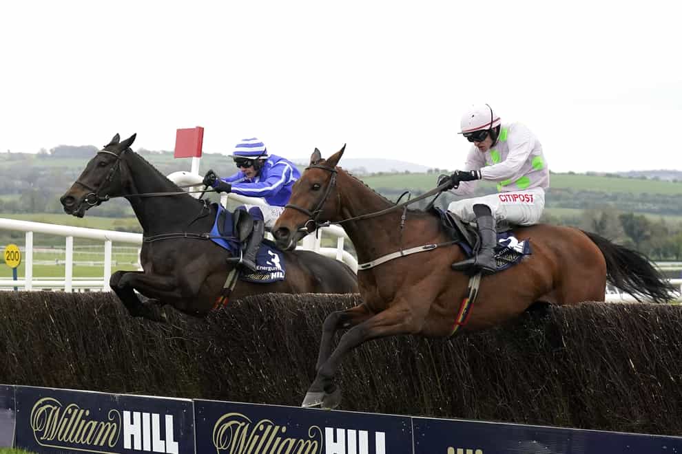 Energumene (left) and Chacun Pour Soi jump the final fence in the William Hill Champion Chase at Punchestown (Niall Carson/PA)