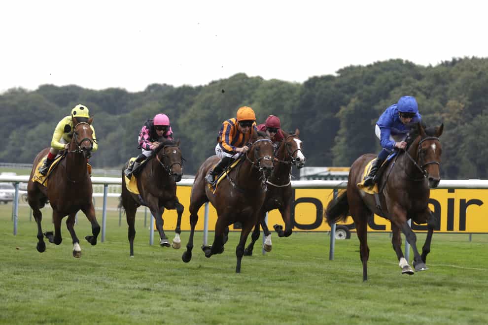 Dancing Magic (Orange), here finishing second at Haydock, is on course to run in the Al Basti Equiworld Dubai Dante Stakes at York (Richard Sellers/PA)