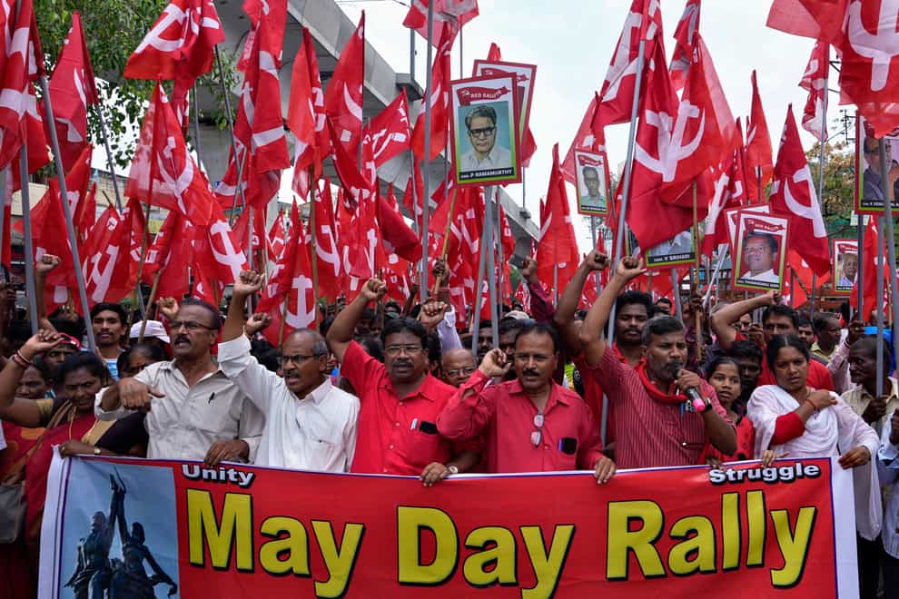 Members of Centre of India Trade Unions (CITU) take part in a May Day rally in Hyderabad (Mahesh Kumar A/AP)