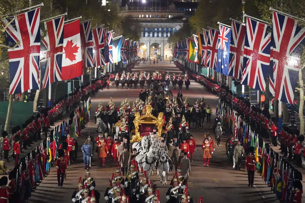 The first glimpses of the Coronation have been revealed as rehearsals took place in central London in the early hours of Wednesday morning (James Manning/PA)