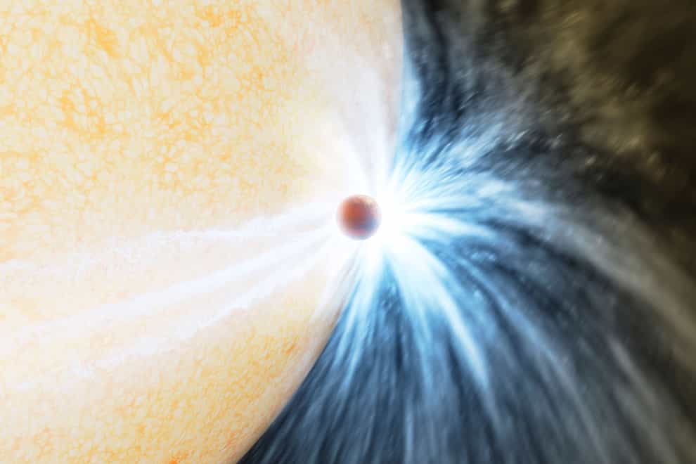 This illustration provided Caltech/IPAC by depicts a planet skimming the surface of its star. Astronomers reported their observations Wednesday, May 3, 2023, of what appears to be a gas giant at least the size of Jupiter being eaten by its star. The sun-like star had been puffing up with old age for eons and finally got so big that it engulfed the close-orbiting planet. (K. Miller, R. Hurt/Caltech/IPAC via AP)