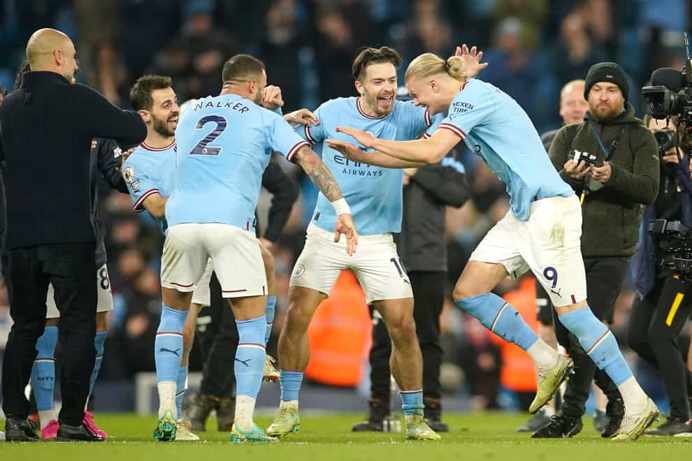 Manchester City forward Erling Haaland celebrates after his record-breaking goal against West Ham (Dave Thompson/AP)