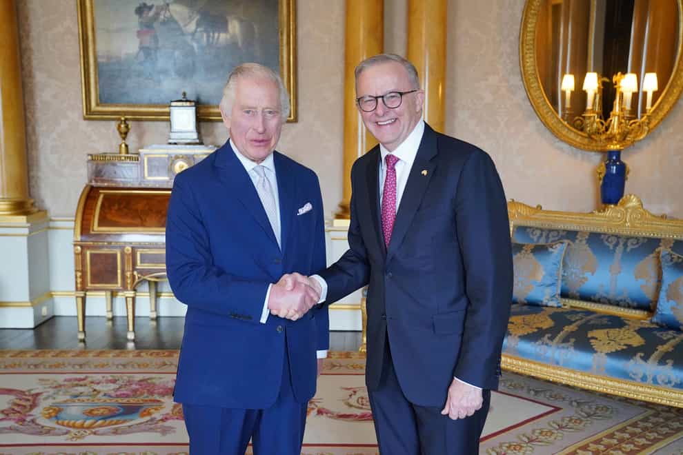 The King, left, receives Australian Prime Minister Anthony Albanese (Pool via AP)