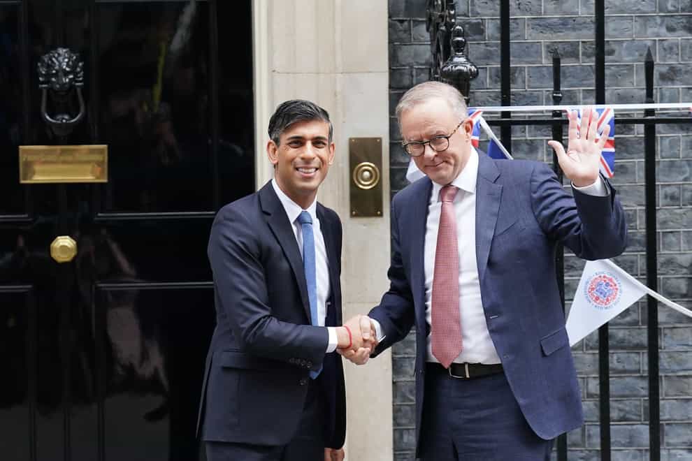 Rishi Sunak greets Australian prime minister Anthony Albanese outside 10 Downing Street (Stefan Rousseau/PA)