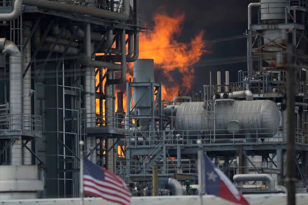 A fire burns at a Shell chemical facility in Deer Park, Friday, May 5, 2023 east of Houston (Elizabeth Conley/Houston Chronicle via AP/PA)