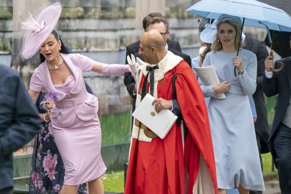 Katy Perry leaves Westminster Abbey following the coronation ceremony of King Charles III and Queen Camilla in central London. (Jane Barlow/PA)