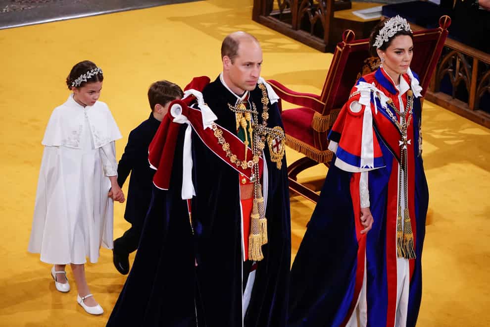 (left to right) Princess Charlotte, Prince Louis the Prince of Wales and the Princess of Wales, leaving the coronation ceremony of King Charles III and Queen Camilla in Westminster Abbey, London. Picture date: Saturday May 6, 2023.