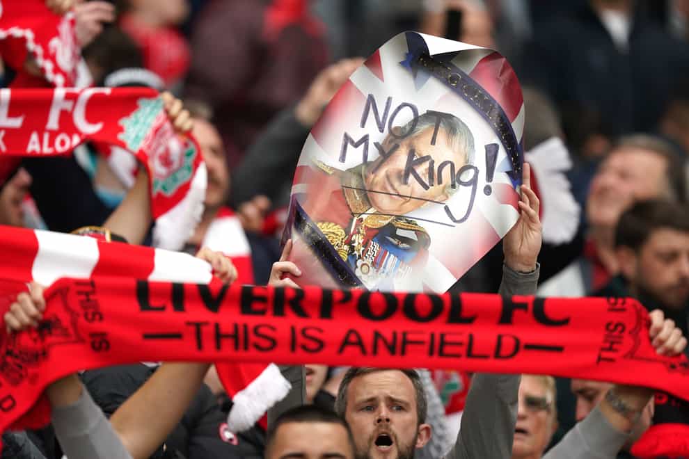 Thousands of Liverpool fans voiced their disapproval at the playing of the national anthem (Mike Egerton/PA)