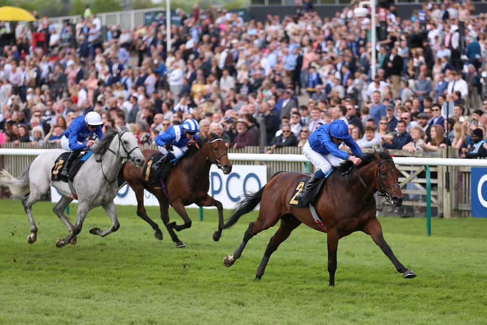 Adayar ridden by William Buick (right) coming home to win the bet365 Gordon Richards Stakes on day three of The QIPCO Guineas Festival at Newmarket Racecourse. Picture date: Sunday May 7, 2023. (Nigel FRench/PA)
