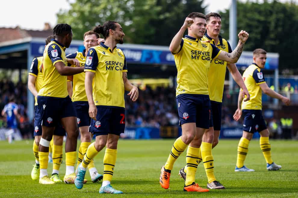 Bolton Wanderers Aaron Morley (third right) celebrates the third goal in the win at Bristol Rovers (Steven Paston/PA)