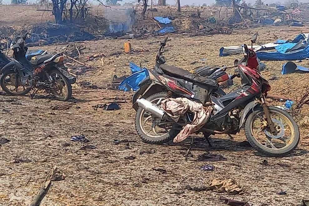 Human Rights Watch has accused Myanmar’s military of using an ‘enhanced-blast’ munition known as a fuel-air explosive in an air strike that killed more than 160 people at the opening of a local office of the country’s resistance movement in central Sagaing region in April (Kyunhla Activists Group/AP)