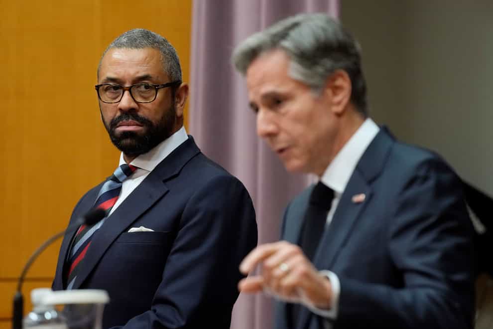 Foreign Secretary James Cleverly listens as Secretary of State Antony Blinken speaks during a joint press conference at the US State Department in Washington (Patrick Semansky/AP/PA)