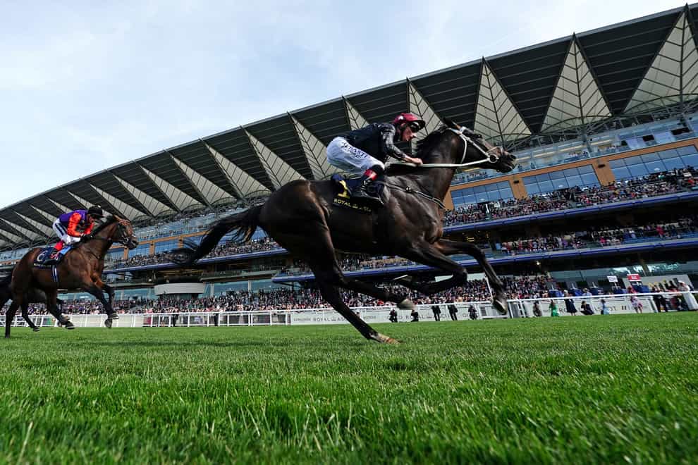Claymore and Adam Kirby (right) coming home to win the Hampton Court Stakes during day three of Royal Ascot at Ascot Racecourse. Picture date: Thursday June 16, 2022. (David Davies/PA)