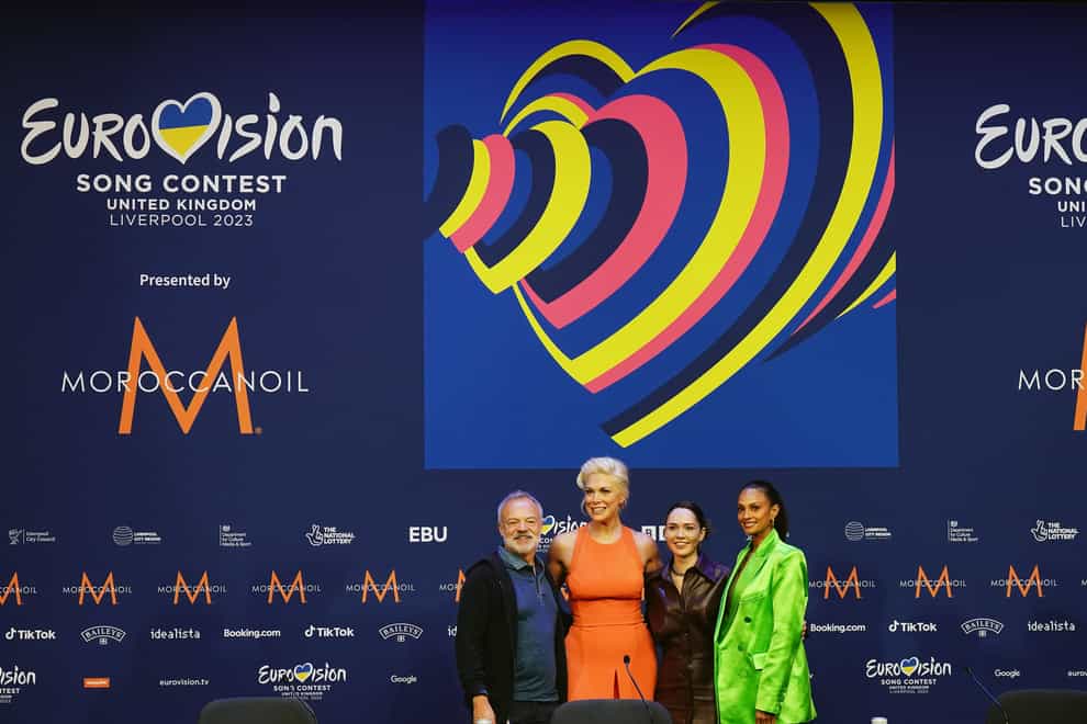 Press conference with hosts (left to right) Graham Norton, Hannah Waddingham, Julia Sanina and Alesha Dixon ahead of the Eurovision Song Contest final on Saturday at the M&S Bank Arena in Liverpool (Aaron Chown/PA)