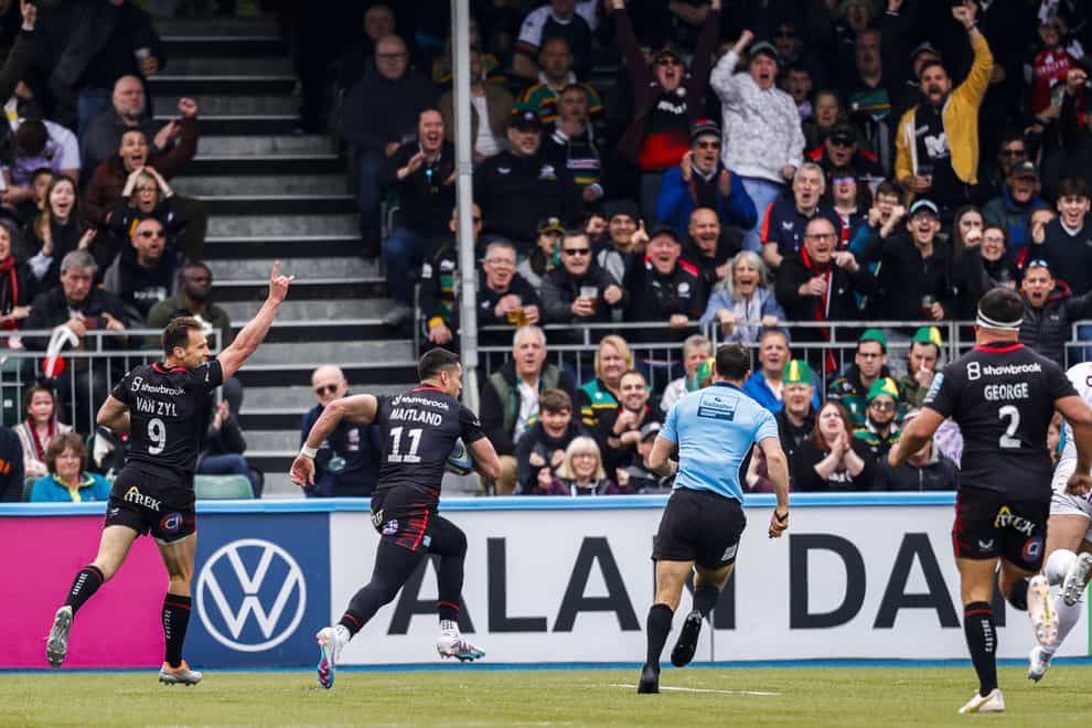 Sean Maitland’s early double proved controversial in a comfortable Saracens win (Ben Whitley/PA)