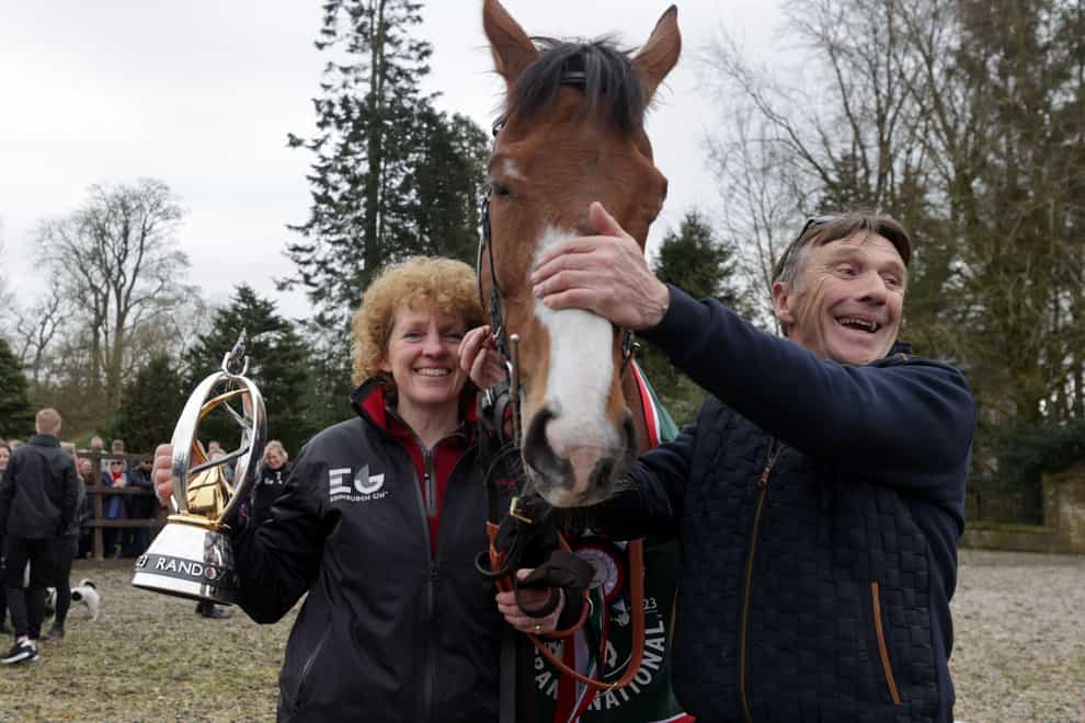 Corach Rambler and trainer Lucinda Russell (left) and Peter Scudamore during the Randox Grand National winners homecoming at Arlary House Stables, Kinross. Picture date: Sunday April 16, 2023. (Steve Walsh/PA)