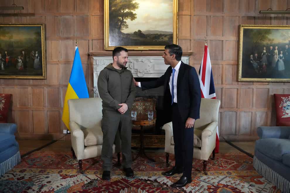 Ukraine’s leader Volodymyr Zelensky was compared by Rishi Sunak to the UK’s wartime premier Sir Winston Churchill during a visit to Chequers (Carl Court/PA)