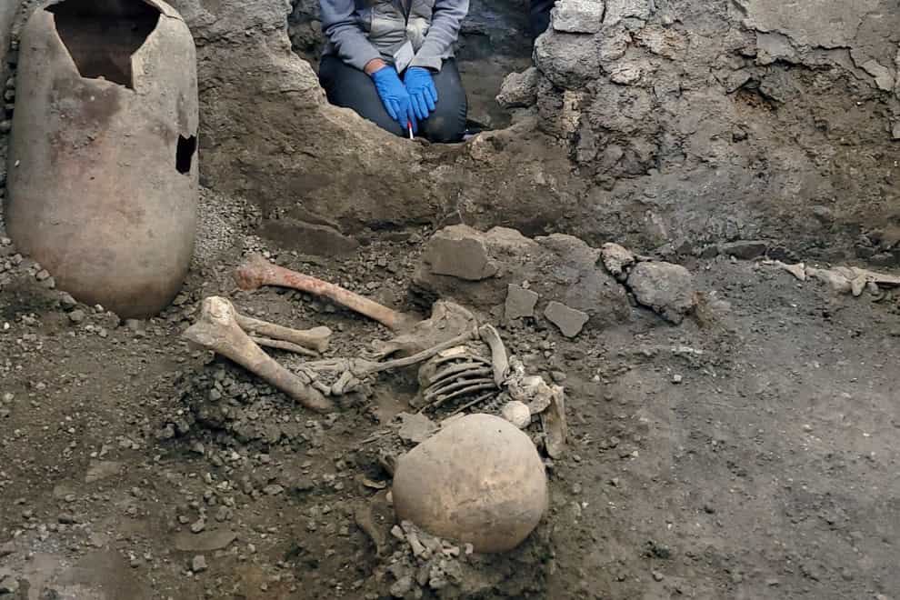 One of the two discovered skeletons that archeologists believe were men who died when a wall collapsed on them during the powerful earthquakes that accompanied the eruption of Mount Vesuvius (Pompeii Archeological Park/AP)